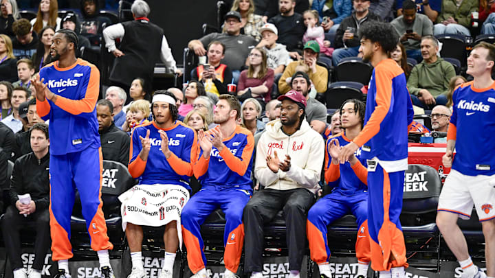 Nov 23, 2024; Salt Lake City, Utah, USA; The New York Knicks bench reacts after a basket against the Utah Jazz during the first half at the Delta Center. Mandatory Credit: Christopher Creveling-Imagn Images