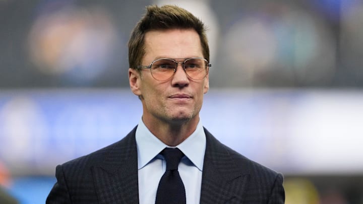 Dec 14, 2025; Inglewood, California, USA; Fox broadcaster Tom Brady is seen prior to the game between the Detroit Lions and the Los Angeles Rams at SoFi Stadium. Mandatory Credit: Kirby Lee-Imagn Images