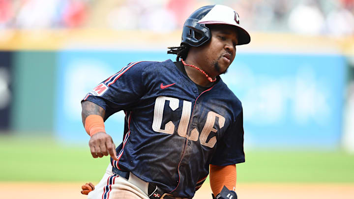 Jun 20, 2024; Cleveland, Ohio, USA; Cleveland Guardians designated hitter Jose Ramirez (11) rounds third base en route to scoring during the fifth inning against the Seattle Mariners at Progressive Field. Mandatory Credit: Ken Blaze-Imagn Images