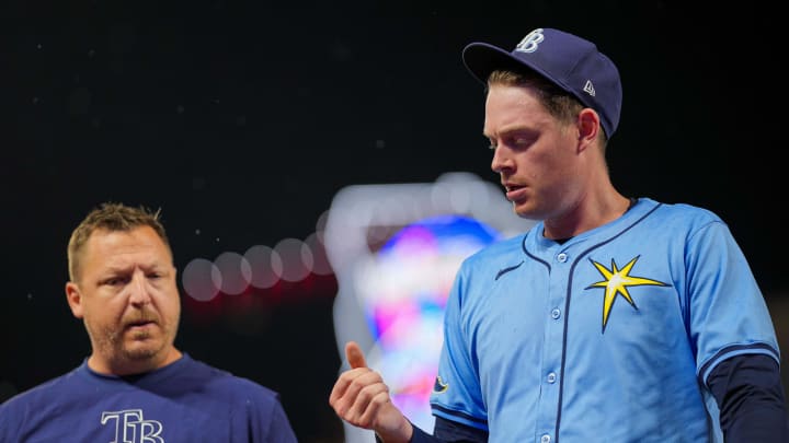 Jun 18, 2024; Minneapolis, Minnesota, USA; Tampa Bay Rays pitcher Pete Fairbanks (29) leaves the game against the Minnesota Twins in the ninth inning at Target Field. Mandatory Credit: Brad Rempel-USA TODAY Sports