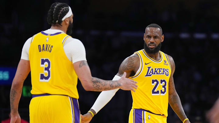 Mar 18, 2024; Los Angeles, California, USA; Los Angeles Lakers forward LeBron James (23) and center Anthony Davis (3).