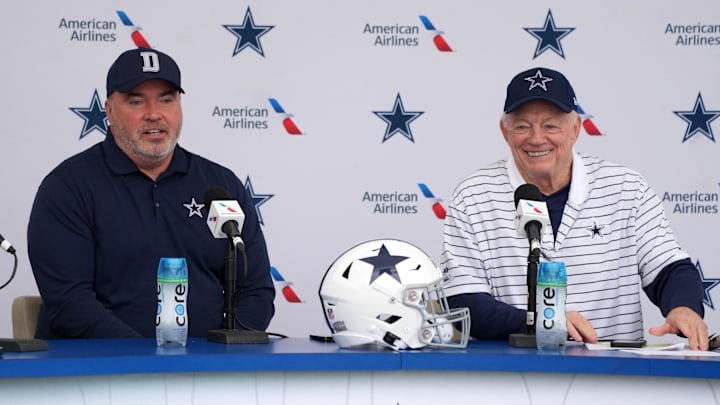 Dallas Cowboys coach Mike McCarthy and Jerry Jones at training camp press conference at the River Ridge Fields. Dallas Cowboys coach Mike McCarthy and Jerry Jones at training camp press conference at the River Ridge Fields.