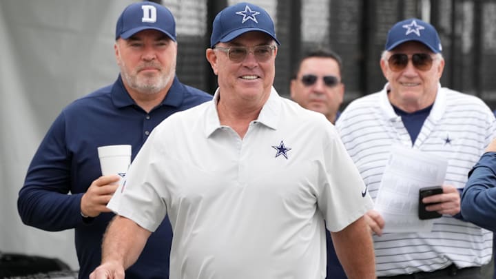 Dallas Cowboys chief operating officer Stephen Jones arrives with coach Mike McCarthy and owner Jerry Jones at training camp press conference.
