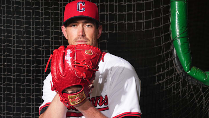 Cleveland Guardians pitcher Shane Bieber (57) poses for a photo during MLB Media Day at Cleveland Guardians Spring Training Facility in Goodyear, Ariz., on Feb. 20, 2025.