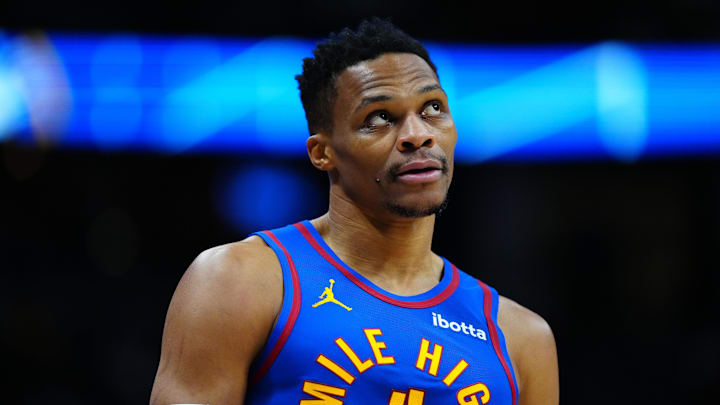 Russell Westbrook (4) looks on during the second quarter against the LA Clippers at Ball Arena.