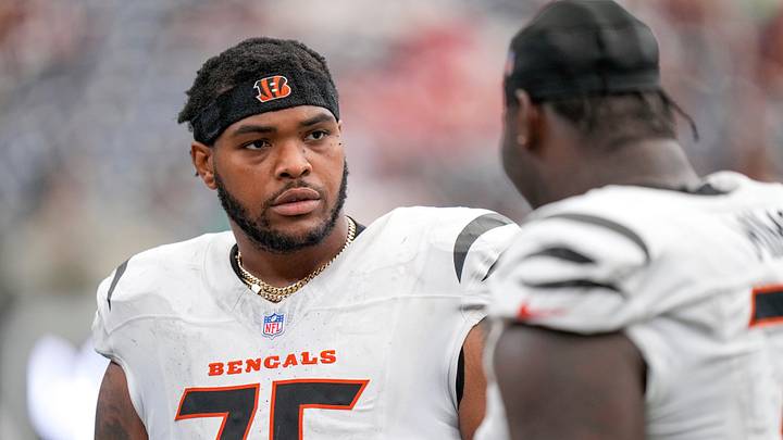 Cincinnati Bengals offensive tackle Orlando Brown Jr. (75) and offensive tackle Amarius Mims (71) talk on the sideline in the fourth quarter of the NFL Week 2 game between the Houston Texans and the Cincinnati Bengals at Reliant Stadium in Houston on Sunday, Sept. 20, 2026. The Bengals improved to 2-0 on the season with a 20-6 win on the road. Cincinnati Bengals offensive tackle Orlando Brown Jr. (75) and offensive tackle Amarius Mims (71) talk on the sideline in the fourth quarter of the NFL Week 2 game between the Houston Texans and the Cincinnati Bengals at Reliant Stadium in Houston on Sunday, Sept. 20, 2026. The Bengals improved to 2-0 on the season with a 20-6 win on the road.