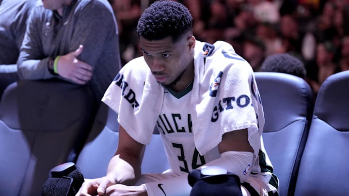 Mar 8, 2025; Milwaukee, Wisconsin, USA; Milwaukee Bucks forward Giannis Antetokounmpo (34) sits on the bench during a time out against the Orlando Magic in the second half at Fiserv Forum. Mandatory Credit: Michael McLoone-Imagn Images