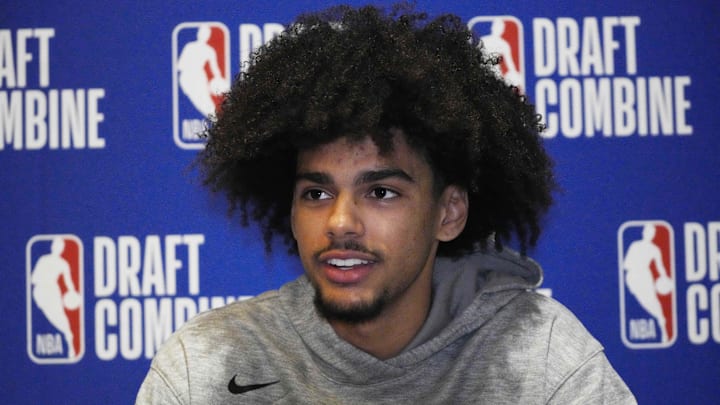 May 14, 2025; Chicago, Il, USA; Asa Newell talks to the media during the 2025 NBA Draft Combine at Marriott Marquis Chicago. Mandatory Credit: David Banks-Imagn Images