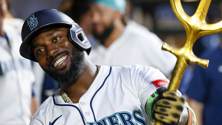 Seattle Mariners left fielder Randy Arozarena celebrates after hitting a home run against the San Diego Padres on Aug. 26 at T-Mobile Park.