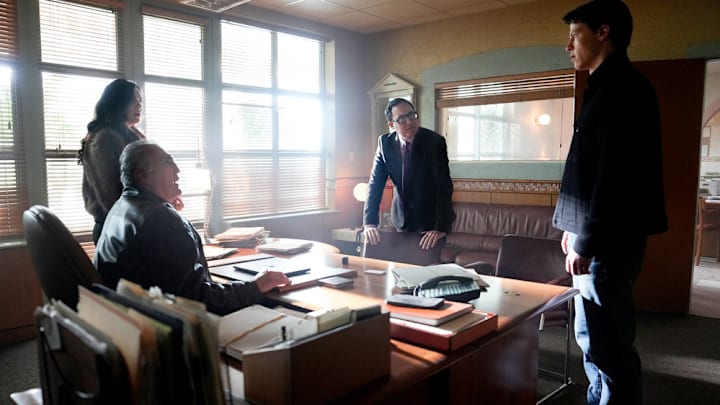 THE RAINMAKER -- Episode 108 -- Pictured: (l-r) Lana Parrilla as Jocelyn "Bruiser" Stone, Vincenzo Nicoli as J. Lyman Stone, P.J. Byrne as Deck Shifflet, Milo Callaghan as Rudy Baylor -- (Photo by: Chistopher Barr/USA Network)