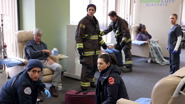 CHICAGO FIRE -- "All the Dark" Episode 12008 -- Pictured: (l-r) Wesam Keesh as Lennox, Miranda Rae Mayo as Stella Kid, Hanako Greensmith as Violet Mikami, Jake Lockett as Sam Carver -- (Photo by: Adrian S Burrows Sr/NBC)