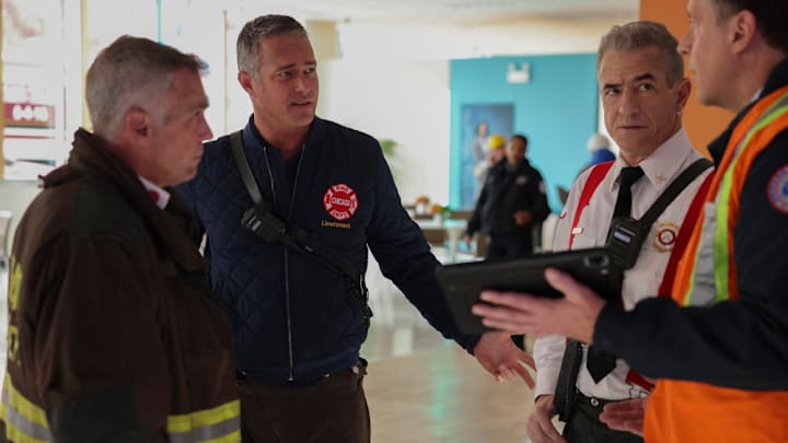 CHICAGO MED -- "In The Trenches: Part II" Episode 1011 -- Pictured: (l-r) David Eigenberg as Christopher Herrmann, Taylor Kinney as Kelly Severide, Dermot Mulroney as Chief Dom Pascal -- (Photo by: George Burns Jr/NBC)
