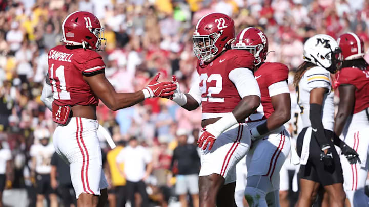Alabama Linebacker Jihaad Campbell (11) and Alabama Defensive Lineman LT Overton (22) celebrate against Mizzou at Bryant-Denny Stadium in Tuscaloosa, AL on Saturday, Oct 26, 2024.