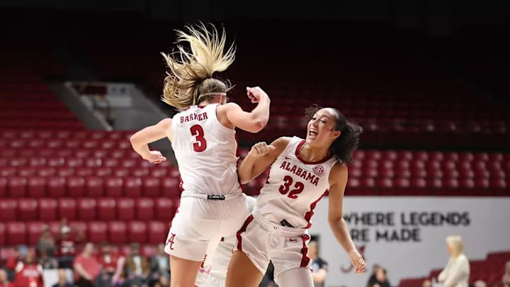 Alabama Guard Sarah Ashlee Barker (3) and Alabama Forward Aaliyah Nye (32) celebrate after a three against Georgia at Coleman Coliseum in Tuscaloosa, AL on Sunday, Feb 2, 2025.