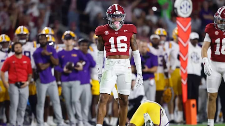 Alabama DB Red Morgan (16) against LSU