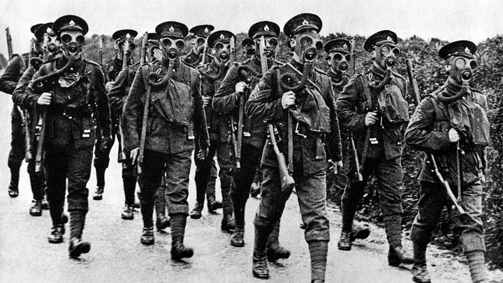 A platoon wearing gas masks during World War I.