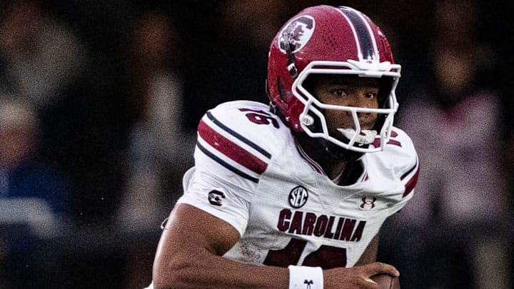 South Carolina Gamecocks quarterback LaNorris Sellers (16) runs against Vanderbilt Commodores’s defense during the first half at FirstBank Stadium in Nashville, Tenn., Saturday, Nov. 9, 2024.