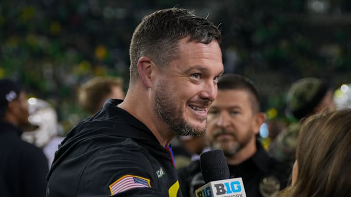 Oregon Ducks coach Dan Lanning reacts after Oregon's 39-18 win over Maryland, advancing to 10-0 for the first time since 2012. 