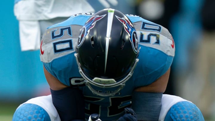 Tennessee linebacker Cody Barton reacts to nearly getting to a batted pass by Los Angeles quarterback Justin Herbert. Tennessee linebacker Cody Barton reacts to nearly getting to a batted pass by Los Angeles quarterback Justin Herbert.