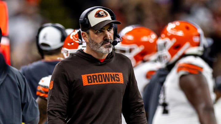 Nov 17, 2024; New Orleans, Louisiana, USA;  Cleveland Browns head coach Kevin Stefanski looks on against the New Orleans Saints during the first half at Caesars Superdome. Mandatory Credit: Stephen Lew-Imagn Images
