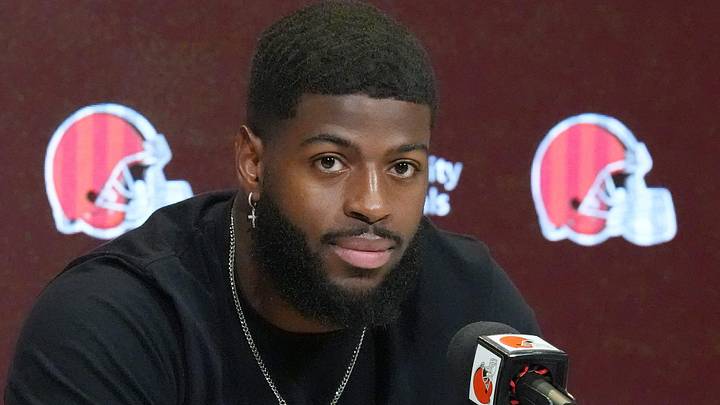 Cleveland Browns Jared Verse talks to the media