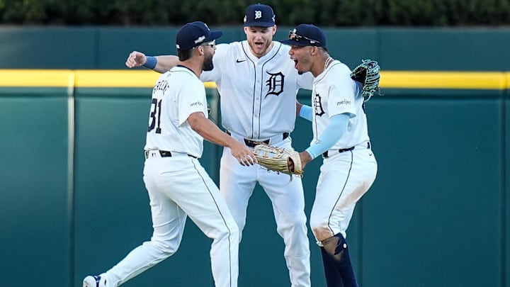 From left, Detroit Tigers left fielder Riley Greene (31), center fielder Parker Meadows (22) and right fielder Wenceel Pérez (46) celebrate 3-0 win over Cleveland Guardians at Game 3 of ALDS at Comerica Park in Detroit on Wednesday, Oct. 9, 2024.