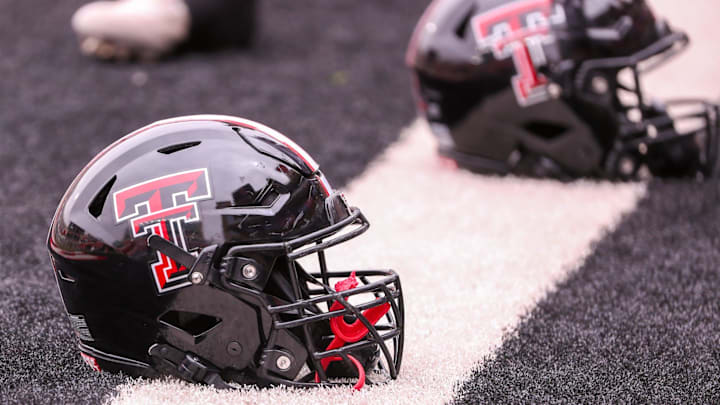 A Texas Tech helmet is seen before the the Texas Tech football team's spring game, Saturday, April 19, 2025, at Jones AT&T Stadium.