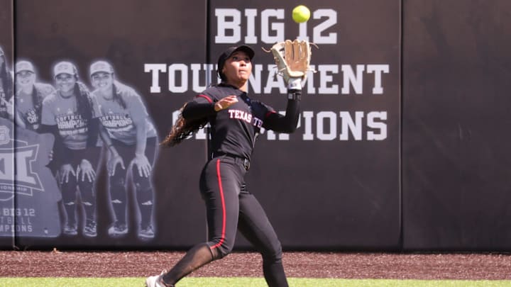 Texas Tech's Desirae Spearman catches a fly ball against Iowa State during a Big 12 Conference softball game, Saturday, March 28, 2026, at Tracy Sellers Field.