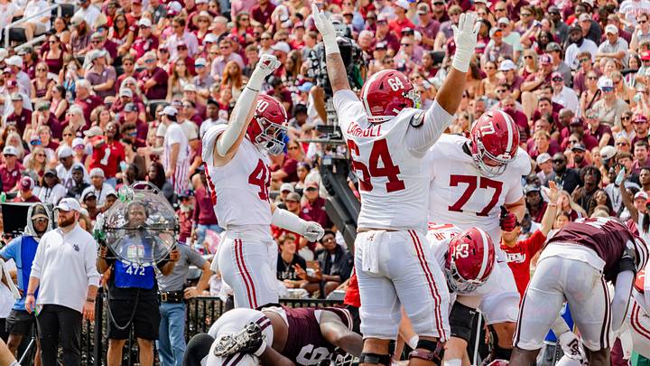 Alabama tight end Josh Ford and offensive lineman Michael Carroll celebrate in the second half of the game against Mississippi State on Oct 3, 2026. Alabama tight end Josh Ford and offensive lineman Michael Carroll celebrate in the second half of the game against Mississippi State on Oct 3, 2026.