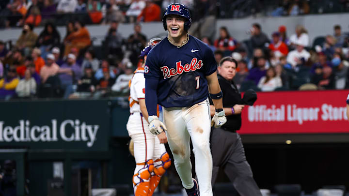 Ole Miss infielder Luke Hill reacts after hitting a home run against Clemson in the Shriners Children's College Showdown in Arlington, Texas.