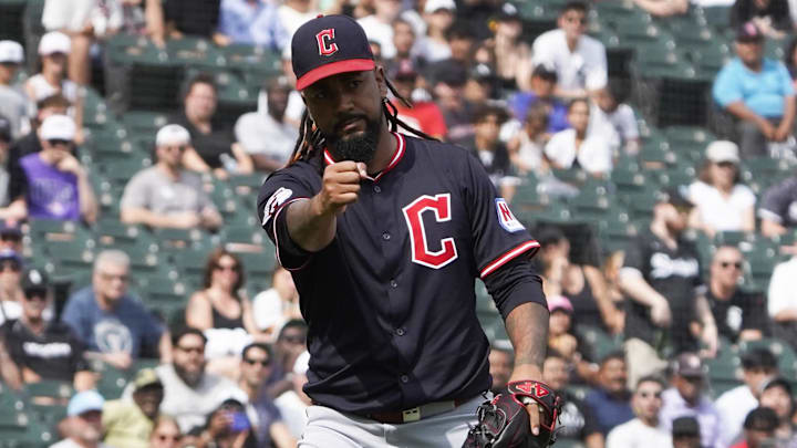 Jul 13, 2025; Chicago, Illinois, USA; Cleveland Guardians pitcher Emmanuel Clase (48) celebrates after getting the final out against the Chicago White Sox during the tenth inning at Rate Field. Mandatory Credit: David Banks-Imagn Images