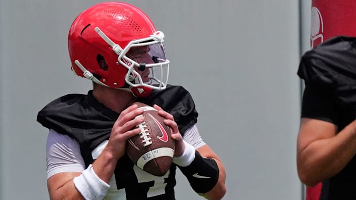Georgia quarterback Gunner Stockton (14) at the first day of fall practice in Athens, Georgia, on Thursday, July 31, 2025.