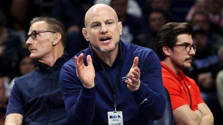Penn State Nittany Lions wrestling coach Cael Sanderson reacts during the Big Ten Wrestling Championships at Bryce Jordan Center. Penn State Nittany Lions wrestling coach Cael Sanderson reacts during the Big Ten Wrestling Championships at Bryce Jordan Center.