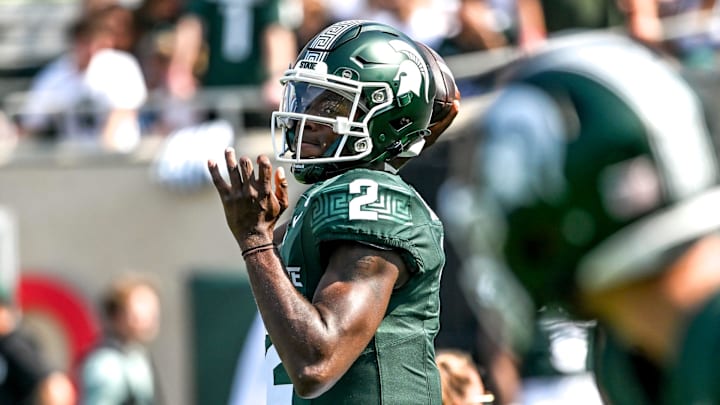 Michigan State's Aidan Chiles throws a pass before the football game against Prairie View A&M on Saturday, Sept. 14, 2024, at Spartan Stadium in East Lansing.