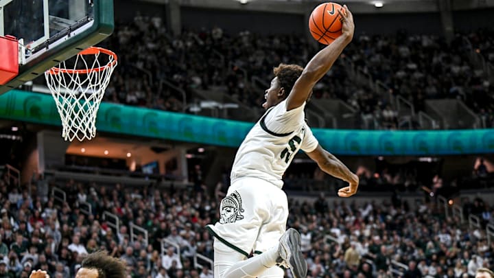 Michigan State's Coen Carr dunks against Indiana during the second half on Tuesday, Jan. 13, 2026, at the Breslin Center in East Lansing.
