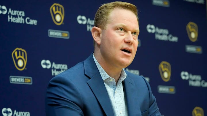 Senior Vice President and General Manager Matt Arnold speaks during an an end of season press conference at American Family Field in Milwaukee, October 10, 2023. Senior Vice President and General Manager Matt Arnold speaks during an an end of season press conference at American Family Field in Milwaukee, October 10, 2023.