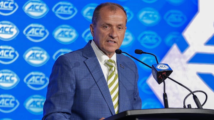 Jul 22, 2025; Charlotte, NC, USA; ACC commissioner Jim Phillips speaks to the media during ACC Media Days at Hilton Charlotte Uptown. Mandatory Credit: Jim Dedmon-Imagn Images