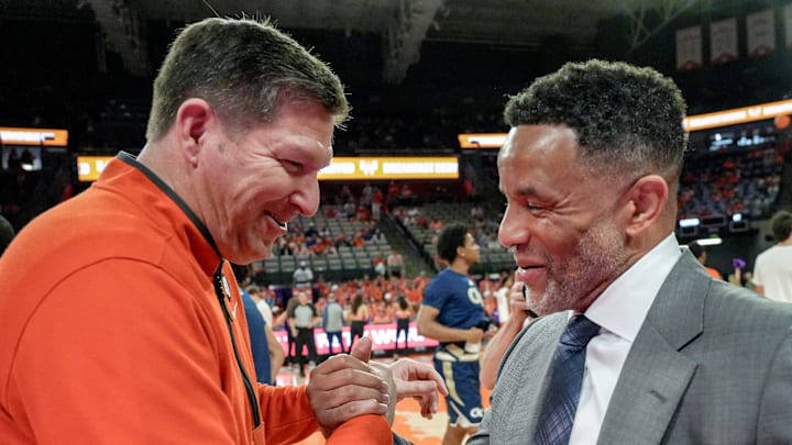 Clemson Head Coach Brad Brownell and Georgia Tech head coach Damon Stoudamire greet each other before tipoff at Littlejohn Coliseum in Clemson, S.C Saturday, March 7, 2026.