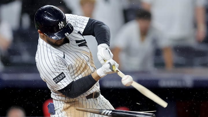 New York Yankees left fielder Jasson Dominguez breaks his bat hitting into a fielder's choice against the Los Angeles Angels. New York Yankees left fielder Jasson Dominguez breaks his bat hitting into a fielder's choice against the Los Angeles Angels.