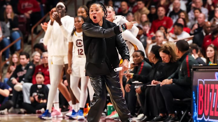 Feb 16, 2025; Columbia, South Carolina, USA; South Carolina Gamecocks head coach Dawn Staley directs her team against the UConn Huskies in the first half at Colonial Life Arena. Mandatory Credit: Jeff Blake-Imagn Images