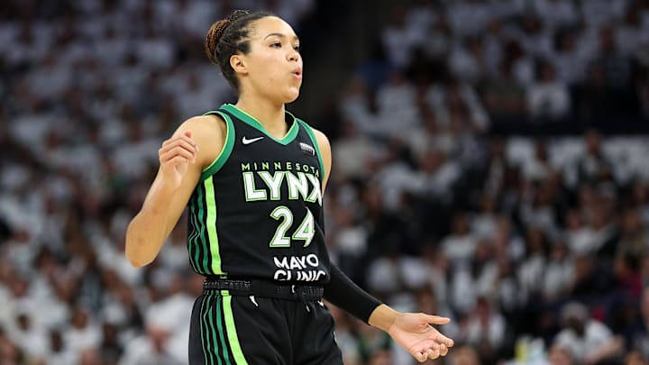 Oct 18, 2024; Minneapolis, Minnesota, USA; Minnesota Lynx forward Napheesa Collier (24) reacts to her missed shot against the New York Liberty during the first half of game four of the 2024 WNBA Finals at Target Center. Mandatory Credit: Matt Krohn-Imagn Images
