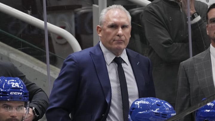 Dec 8, 2025; Toronto, Ontario, CAN; Toronto Maple Leafs head coach Craig Berube watcxhes the action against the Tampa Bay Lightning during the third period at Scotiabank Arena. Mandatory Credit: John E. Sokolowski-Imagn Images