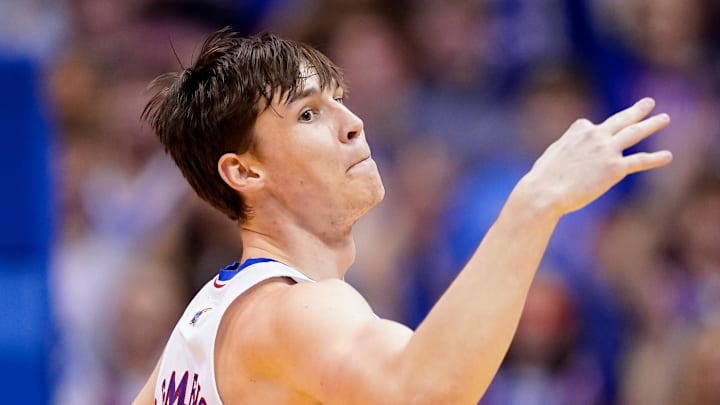 Jan 10, 2023; Lawrence, Kansas, USA; Kansas Jayhawks forward Zach Clemence (21) celebrates after scoring during the first half against the Oklahoma Sooners at Allen Fieldhouse.