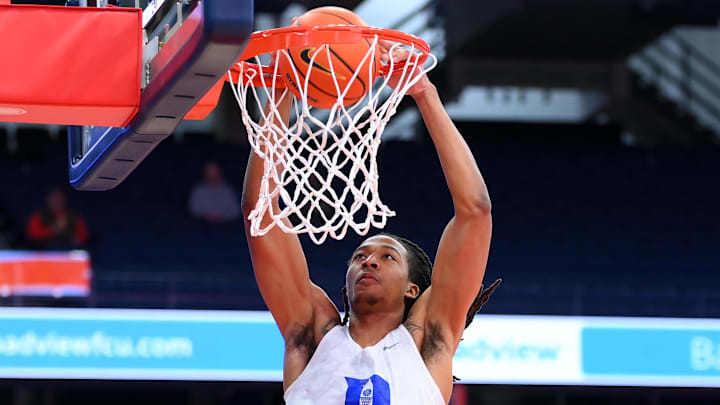 Feb 5, 2025; Syracuse, New York, USA; Duke basketball forward Maliq Brown (6) warms up prior to the game against the Syracuse Orange at the JMA Wireless Dome.