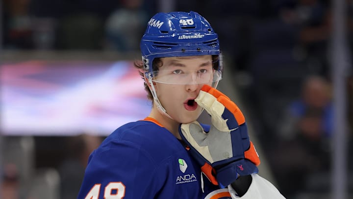 Mar 28, 2026; Elmont, New York, USA; New York Islanders defenseman Matthew Schaefer (48) talks to a teammate during the third period against the Florida Panthers at UBS Arena. Mandatory Credit: Brad Penner-Imagn Images