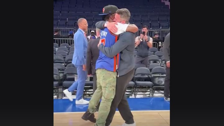 Kevin Love and JR Smith embrace at Madison Square Garden on May 29, 2025.