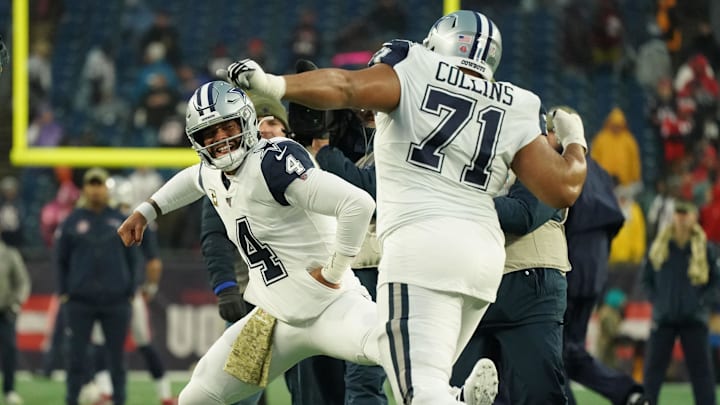Dallas Cowboys quarterback Dak Prescott reacts with offensive tackle La'el Collins before a game against the New England Patriots Dallas Cowboys quarterback Dak Prescott reacts with offensive tackle La'el Collins before a game against the New England Patriots
