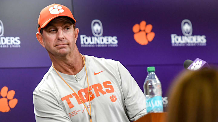 Clemson football head coach Dabo Swinney talks with media before the first football practice at the Allen N. Reeves Football Complex at Clemson University in Clemson, S.C. Friday, February 28, 2025.