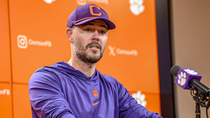 Clemson offensive coordinator Garrett Riley talks with media after Spring Practice in Clemson, S.C. Monday, March 24, 2025.
