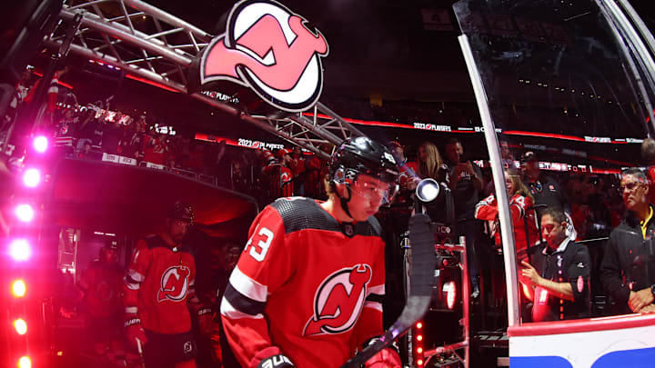 New Jersey Devils defenseman Luke Hughes (43) walks to the ice. Mandatory Credit: Ed Mulholland-Imagn Images